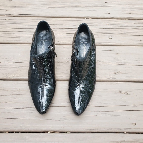 Vintage 90s Aquatalia Black Leather Croc Grain Embossed Ankle Boots Booties 6 - Picture 6 of 8
